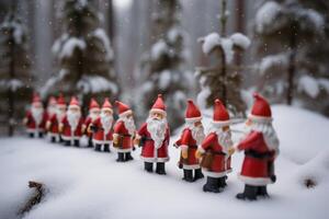 Group of Santa Clauses in snowy forest on Christmas New Year Day, fabulous creatures. . photo