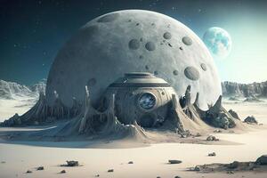 Illustration of space base on moon for astronauts on background of planet. . photo