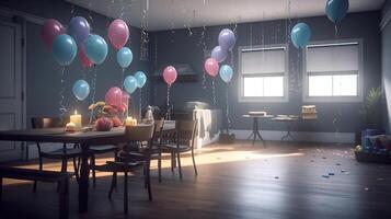 The children room is decorated for the celebration of the birthday, colorful balloons, ribbons. . photo