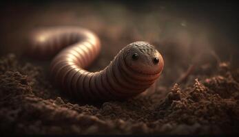 Macro earthworm on a dark background close-up. . photo