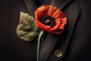 Poppy flower in buttonhole of jacket, symbol of victory in war veteran. . photo