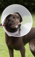 A sick dog sits with a medical collar on a background of green grass. . photo