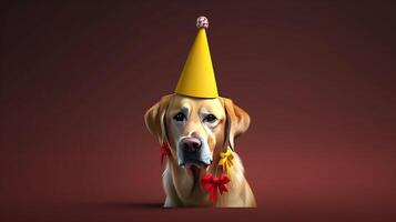 Dog in a party cap on a birthday on a holiday. Dark background, isolate. . photo