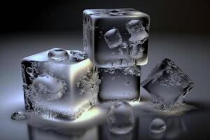 Close-up crystals of transparent ice cube isolated on white background. . photo