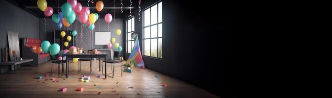 The children room is decorated for the celebration of the birthday, colorful balloons, ribbons. . photo