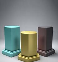 Empty podium pedestal multicolored transparent cube for product presentation. . photo