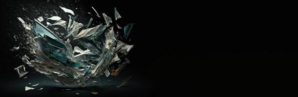 Shards of shiny glass and ice in flight, isolate, black background. photo