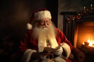 Santa Claus reads Christmas children's letters by the fireplace with fire, dark room. . photo