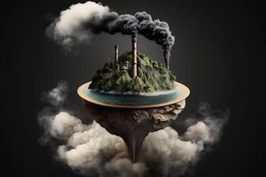 Save planet, smoke from chimney on globe, black background, isolate. . photo