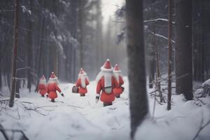 Group of Santa Clauses in snowy forest on Christmas New Year Day, fabulous creatures. . photo