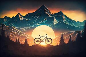 Concept of World Bicycle Day on top of mountain against background of morning sun. . photo