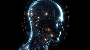 Artificial intelligence, composition of a chrome cyborg robot on a dark background, isolate. . photo
