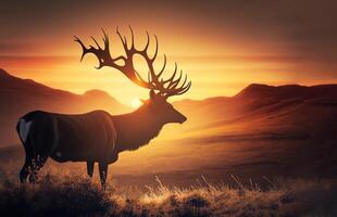 Beautiful deer on a background with a sunrise in a clearing. . photo