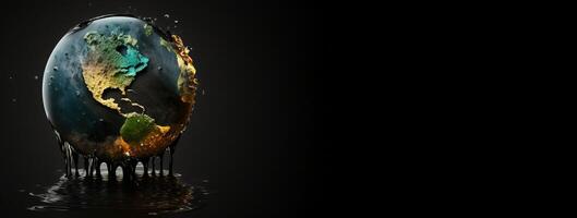 Concept of saving planet, miniature globe floats in oil, black background. . photo