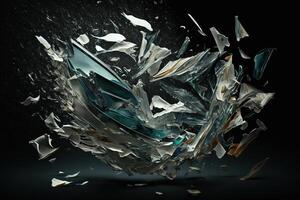 Shards of shiny glass and ice in flight, isolate, black background. photo