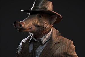 Gentleman, boss wild boar, pig in hat, suit and tie. Banner header. . photo