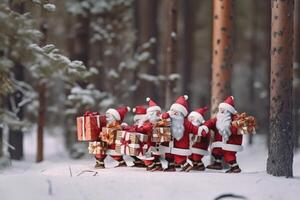 Group of Santa Clauses in snowy forest on Christmas New Year Day, fabulous creatures. . photo