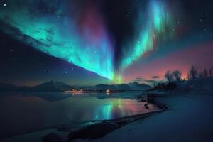 Northern Lights, Aurora, over the water's edge. . photo