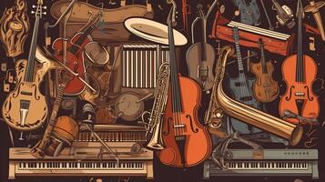 Music day, illustration background with a set of graphic kotnur instruments. . photo