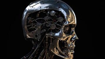 Artificial intelligence, composition of a chrome cyborg robot on a dark background, isolate. . photo