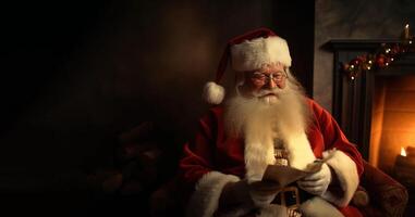 Santa Claus reads Christmas children's letters by the fireplace with fire, dark room. . photo