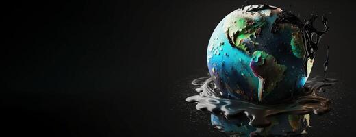 Concept of saving planet, miniature globe floats in oil, black background. . photo