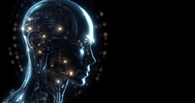 Artificial intelligence, composition of a chrome cyborg robot on a dark background, isolate. . photo