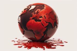 Concept of saving planet, miniature globe floats in blood, white background. . photo