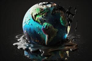 Concept of saving planet, miniature globe floats in oil, black background. . photo