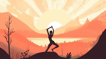 International day of yoga, graphic contours of a woman on the background of the sun. . photo