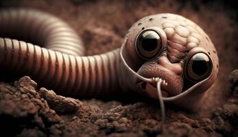 Macro earthworm on a dark background close-up. . photo