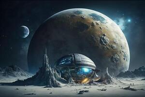 Illustration of space base on moon for astronauts on background of planet. . photo