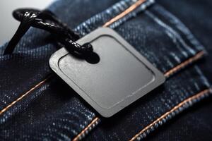 Denim clothing fabric close-up with cardboard price tag mockup. . photo