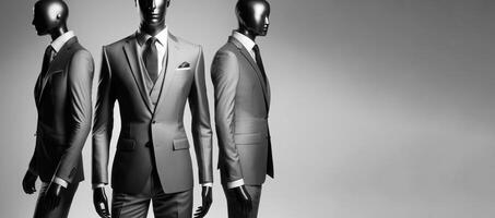 Group of mannequins in men traditional costumes, gray background isolate. . photo