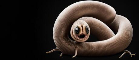 Macro earthworm on a dark background close-up. . photo