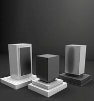 vacío podio pedestal transparente cubo para producto presentación, oscuro antecedentes. ai generado. foto