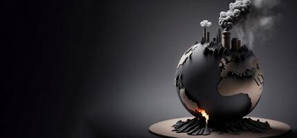 Save planet, smoke from chimney on globe, black background, isolate. . photo