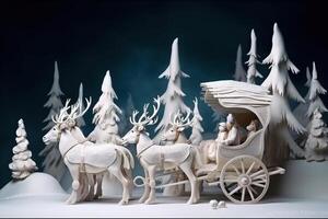 Santa on sleigh with reindeer rides through snowy forest on Christmas, wallpaper. . photo