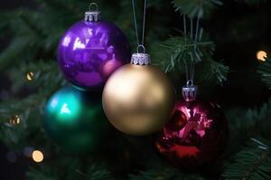 Christmas New Year shiny balls, Christmas tree decoration, close-up. . photo