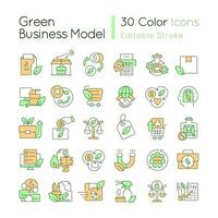 Green business model RGB color icons set. Environment friendly company. Isolated vector illustrations. Simple filled line drawings collection. Editable stroke