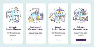 Types of payroll systems onboarding mobile app screen. Salary walkthrough 4 steps editable graphic instructions with linear concepts. UI, UX, GUI template vector