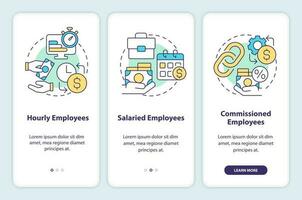 Payroll processing methods onboarding mobile app screen. Wage walkthrough 3 steps editable graphic instructions with linear concepts. UI, UX, GUI template vector