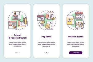 Stages of payroll processing onboarding mobile app screen. Payment walkthrough 3 steps editable graphic instructions with linear concepts. UI, UX, GUI template vector