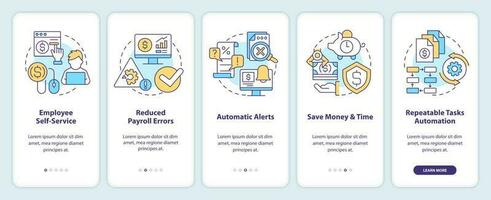 Payroll processing software pros onboarding mobile app screen. Walkthrough 5 steps editable graphic instructions with linear concepts. UI, UX, GUI template vector