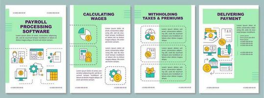 Payroll processing software green brochure template. Accounting. Leaflet design with linear icons. Editable 4 vector layouts for presentation, annual reports