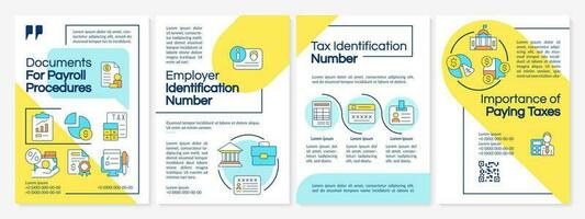 Documents for payroll procedures blue and yellow brochure template. Leaflet design with linear icons. Editable 4 vector layouts for presentation, annual reports