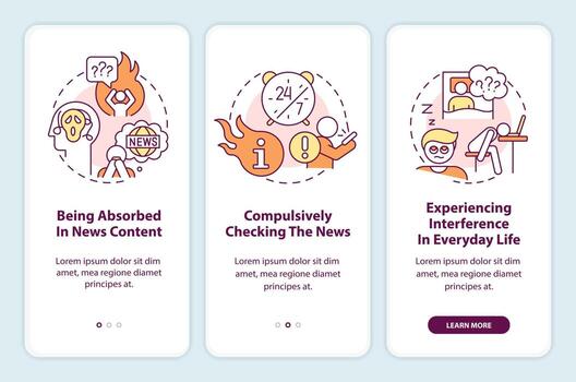 Problematic news consumption onboarding mobile app screen. Walkthrough 3 steps editable graphic instructions with linear concepts. UI, UX, GUI template vector
