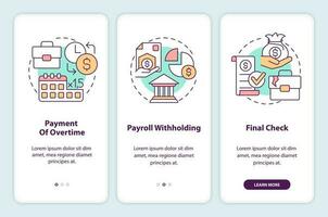 Employee grievances on wage issues onboarding mobile app screen. Walkthrough 3 steps editable graphic instructions with linear concepts. UI, UX, GUI template vector