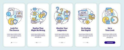 How to read bad news onboarding mobile app screen. Media overload walkthrough 5 steps editable graphic instructions with linear concepts. UI, UX, GUI template vector