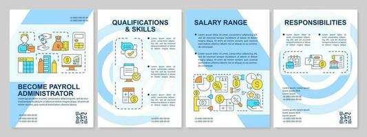 Payroll administrator job blue brochure template. Leaflet design with linear icons. Editable 4 vector layouts for presentation, annual reports